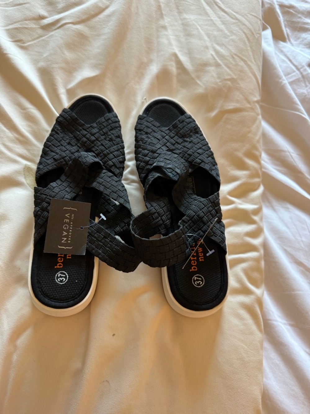 bernie mev. Black Woven Elastic Slide Sandals